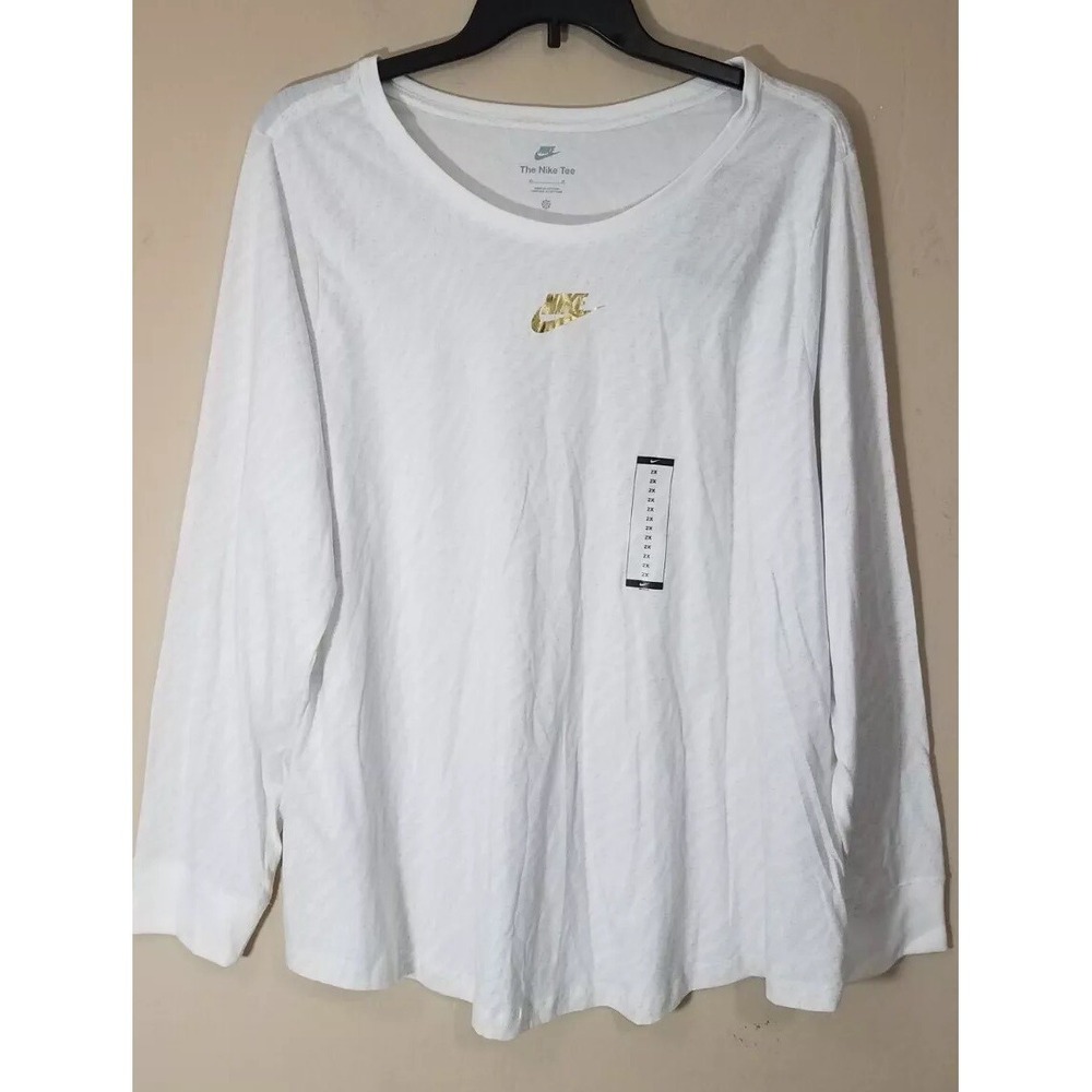 Nike Tee Women 2X White Gray Gold Long Sleeve Shirt Cotton FZ2463‎ NEW